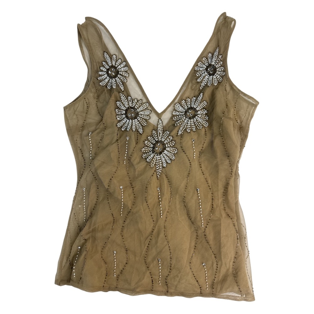 Tracy Reese New York Beaded Silk Mesh Tank Top Tan Floral Rhinestone Size 4 - Picture 2 of 8